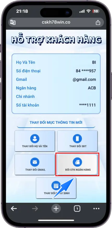 Bước 2 : Chọn mục Đổi SỐ TÀI KHOẢN ngân hàng